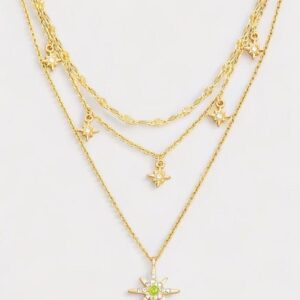 LAYERED CHAIN RHINESTONE STAR CHARM NECKLACE