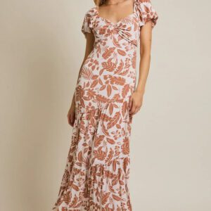 Plus Size Cream Brown Tropical Leaf Print Maxi Dress