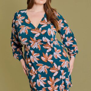 Plus Size Wrap Floral Long Sleeve Surplice Mini Dress