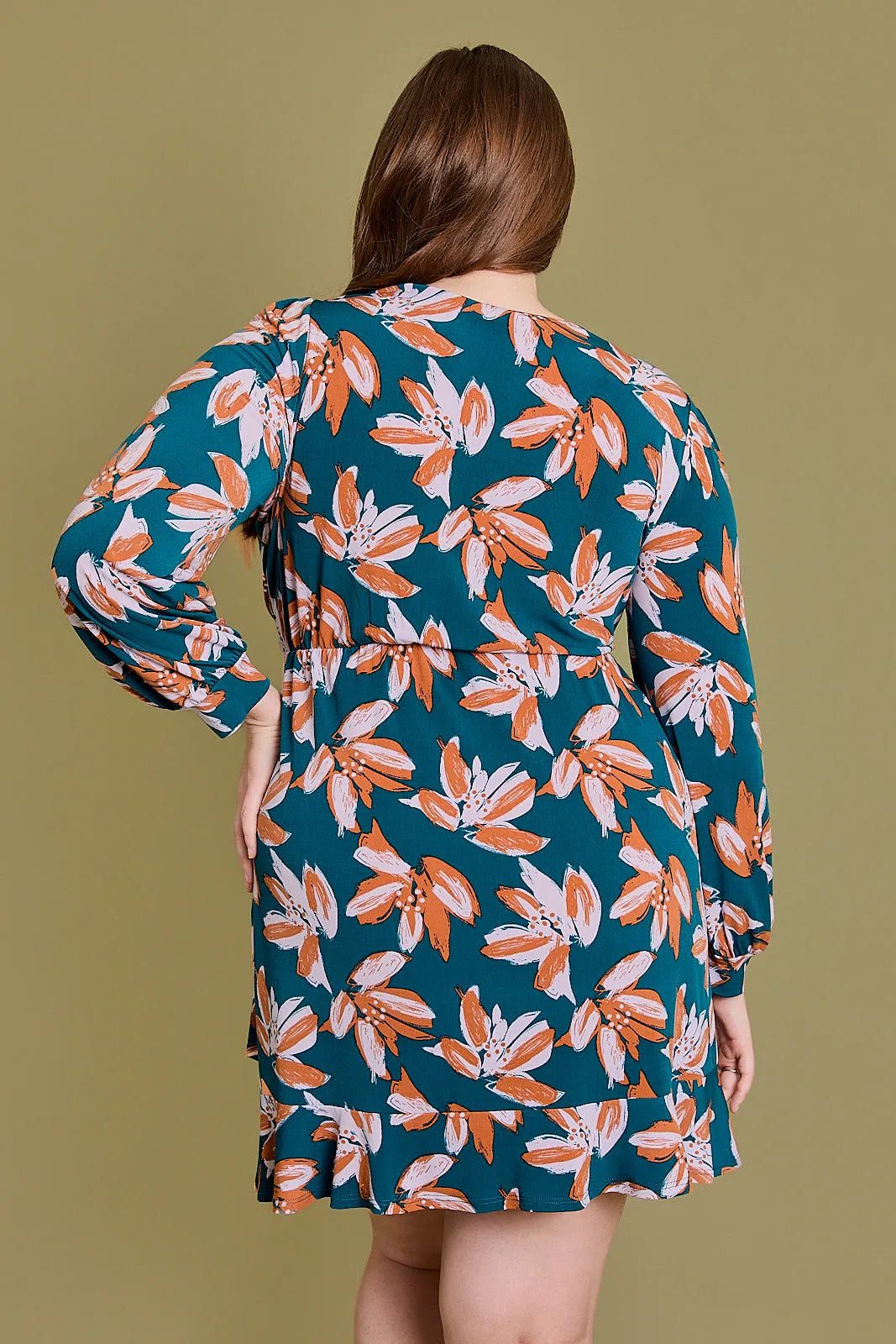 Plus Size Wrap Floral Long Sleeve Surplice Mini Dress - Image 2