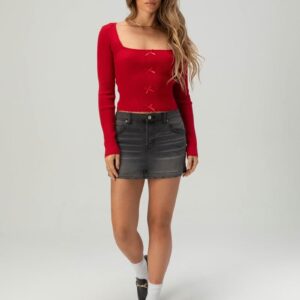 RSQ Women's Long Sleeve Square Neck Rib Bow Top