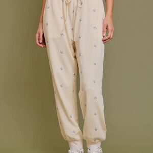 Cream Embroidered Bow Print Elastic Waist Drawstring Joggers