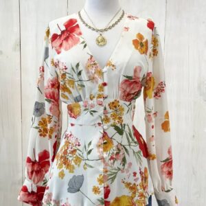White Floral Print Peplum Top Long Sleeve V-Neck Button Blouse